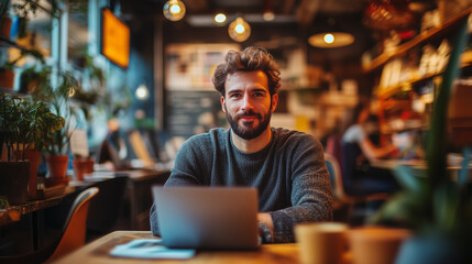 Fototapeta premium young man with beard sits at wooden table in cozy cafe, working on his laptop. warm lighting and plants create relaxed atmosphere.