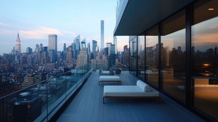 A sleek urban balcony with glass railings, minimalist furniture, and a panoramic view of a bustling city skyline