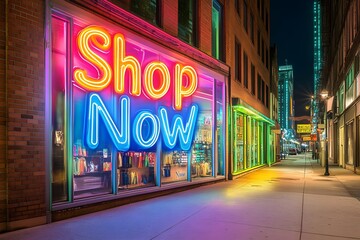Retro-style neon Shop Now sign glowing in classic colors, ideal for timeless shopping promotions.