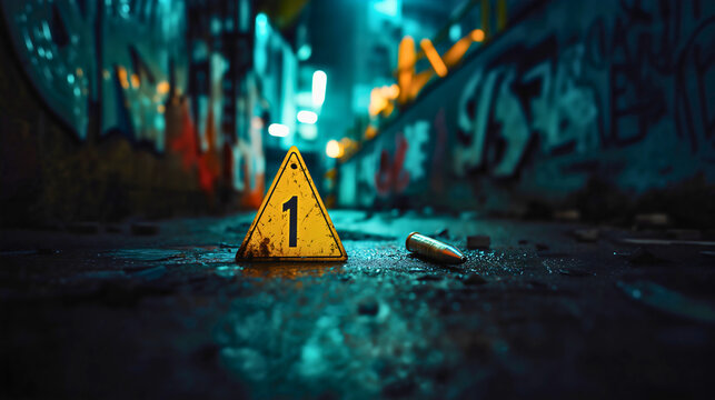 Crime scene depicting a bullet ejected from a firearm, marked with a number one, indicating the first shot in a violent incident.