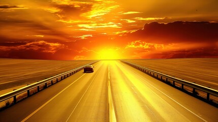 Obraz premium Lone car driving on deserted highway at sunset, road stretching into horizon with golden light reflecting off hood, sharp silhouette against vibrant sky, emphasizing solitude and freedom.