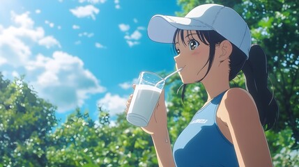 Fototapeta premium Cheerful Anime Girl Enjoying a Refreshing Drink in a Peaceful Outdoor Setting