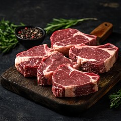 Fototapeta premium Raw prime steaks. Variety of fresh black angus prime meat steaks T-bone, New York, Ribeye, Striploin, Tomahawk cutting board on black or dark background.