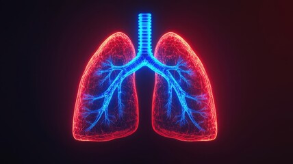 Illustration of human lungs with vibrant neon colors on a dark background.