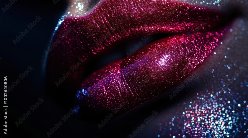 Poster Glossy lips with a shiny finish capture attention through vibrant colors and reflections, highlighting beauty in a striking close-up