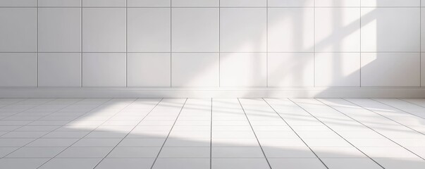 Obraz premium Minimalist interior space with white tiled walls and floor, natural light casting shadows.