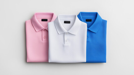 Stylish polo shirts in pink, white, and blue colors, neatly folded and displayed. Perfect for casual or semi formal occasions, these shirts offer comfort and versatility.