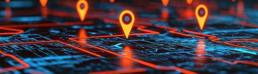 Modern map with glowing markers and connections on a digital interface.