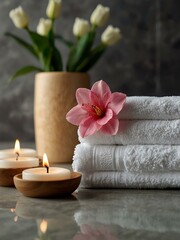 Spa setup with fresh flowers and soft towels in a serene bathroom.