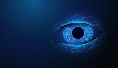 Abstract illustration of human eye in low poly style. Blue geometric background depicting human eyes vision healthcare and medicine concept by wireframe connection structure