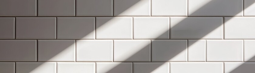 White tiled wall with diagonal light shadows creating a modern aesthetic.