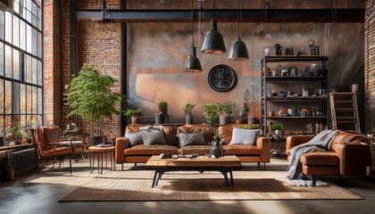 a stylish industrial style-themed living room, set against an uncluttered background to highlight the central elements