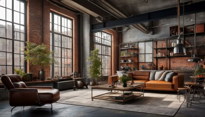 Fototapeta premium a stylish industrial style-themed living room, set against an uncluttered background to highlight the central elements