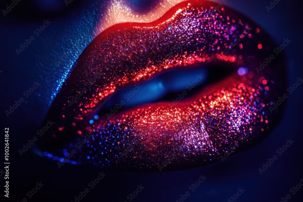 Poster glossy, vibrant lips shine with a colorful finish under dramatic lighting in an elegant display of b
