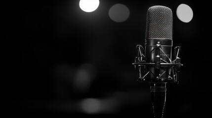 Studio Microphone in Spotlight: A dramatic black and white close-up of a professional condenser microphone on a stand, illuminated by soft spotlights against a dark background. Perfect for podcasting.