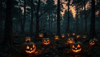 Spooky forest at sunset with glowing Jack O' Lanterns.