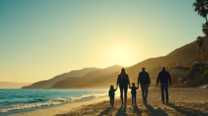 Sunset Stroll: A family of four walks hand-in-hand along a sandy beach, silhouetted against the...