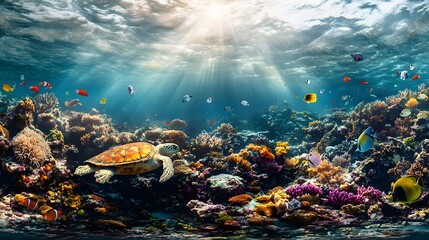 Naklejka premium A vibrant underwater scene showcasing a sea turtle swimming among colorful coral reefs and tropical fish in clear ocean water..