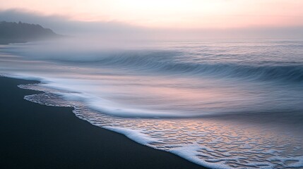 Obraz premium Misty sunrise over a black sand beach with gentle waves crashing ashore.