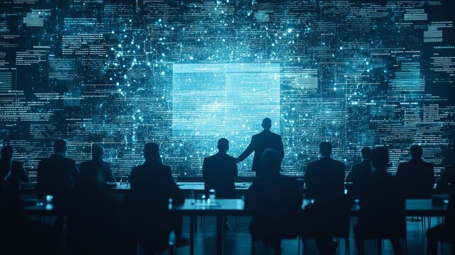 Data Unveiled: A Silhouetted Business Team Gathers for a Presentation, Illuminated by a Giant Data Screen.  The image conveys mystery, technological advancement, and strategic planning.
