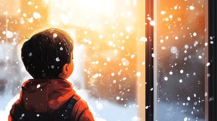 A child in comic book style looking out the window, watching snow fall on Christmas Eve with excitement
