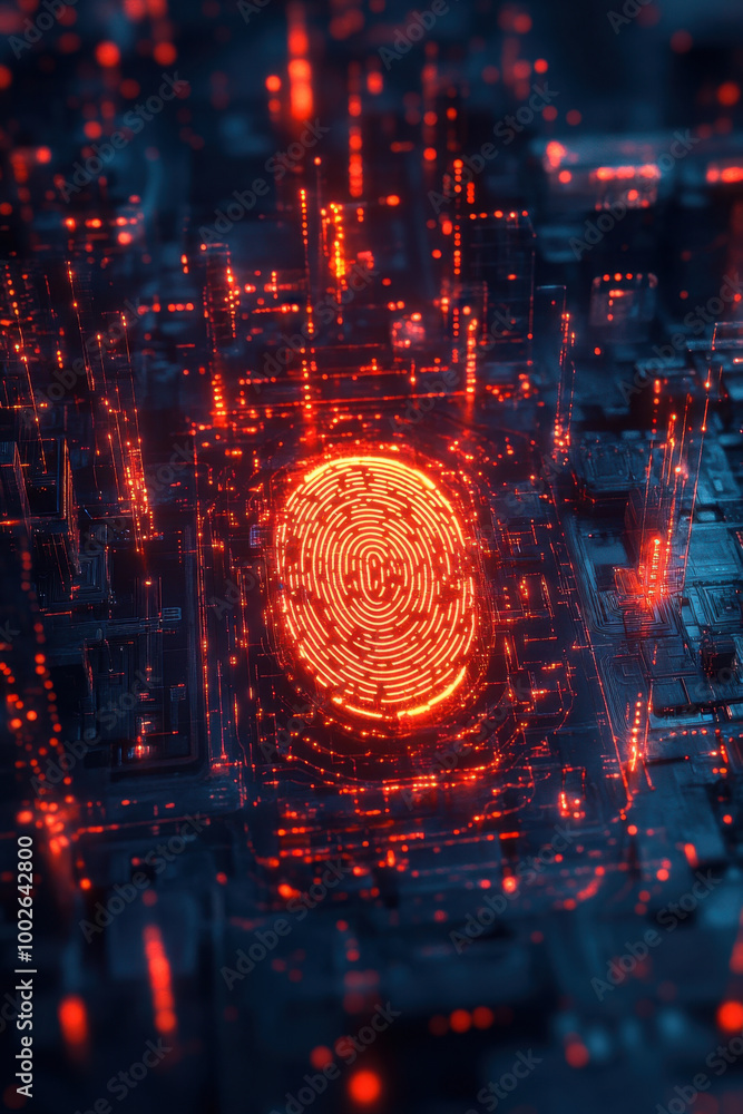 Poster digital fingerprint, an illuminated fingerprint icon floats in mid-air over a complex digital circui