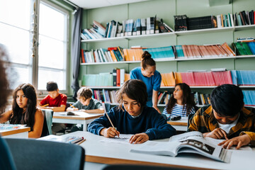 Group of multiracial elementary students studying in classroom at school