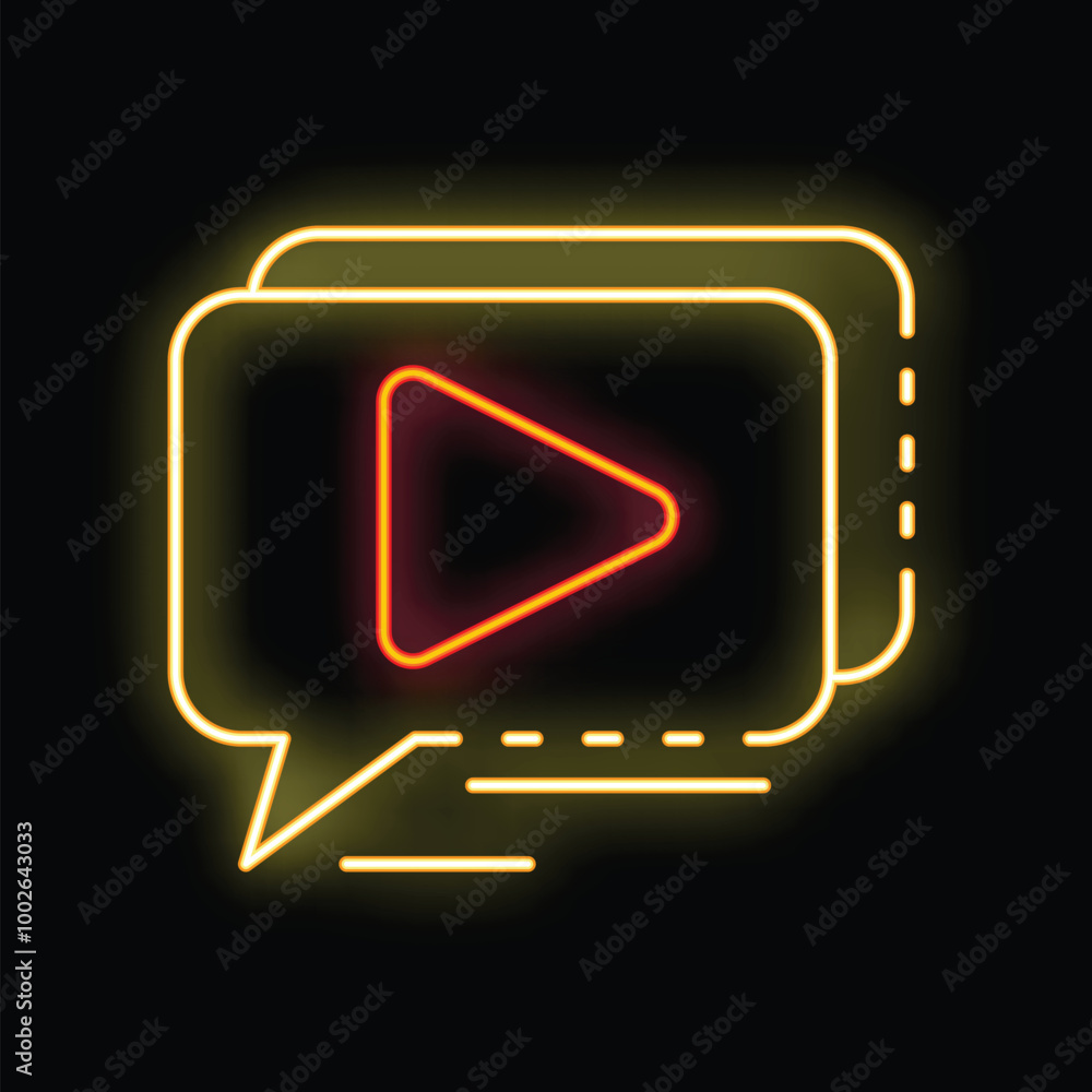 Poster neon sign of speech bubble with play button glowing on black background representing video streaming