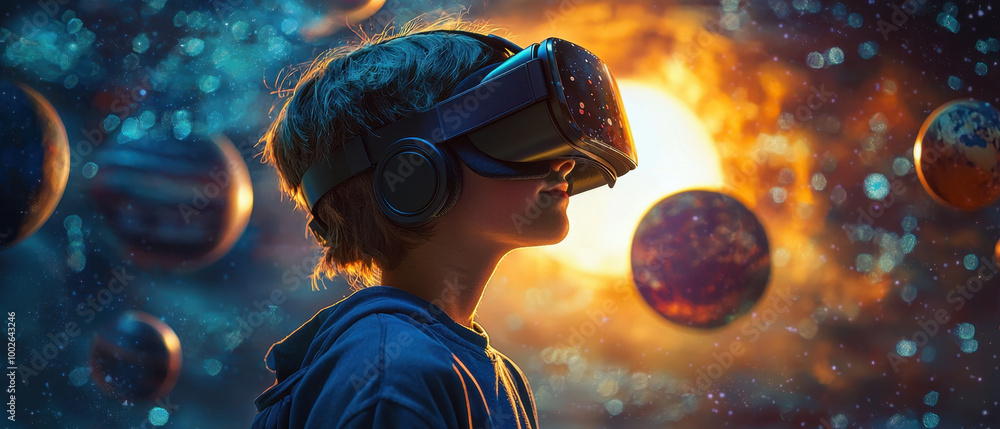 Poster vr in education, a student adorned with a vr headset fully immerses in an interactive virtual classr