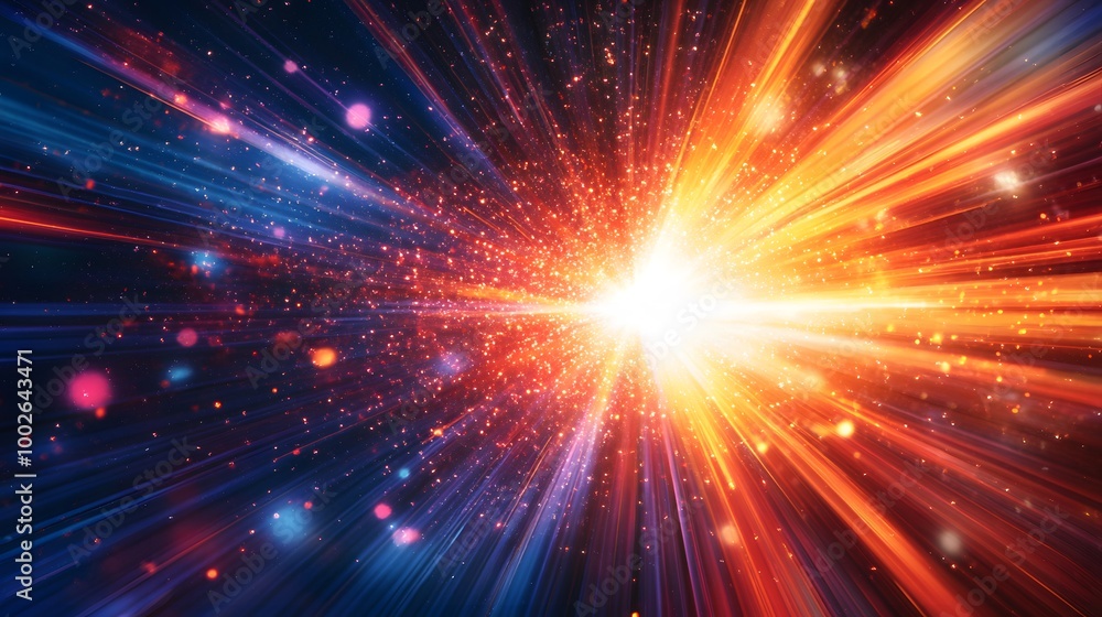 Poster a vibrant explosion of glowing sparks radiating in space, creating a dynamic and energetic visual wi