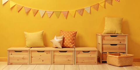 A bright and tidy children's playroom filled with plush toys creating a cozy and organized environment In a yellow-toned room.
