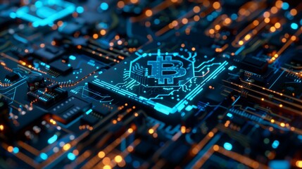 Bitcoin computer chip. The chip is surrounded by a blue and orange glow