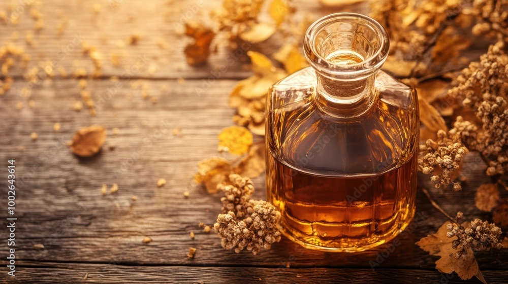 Poster close-up of a whiskey bottle surrounded by autumn leaves on a wooden surface in a cozy indoor settin