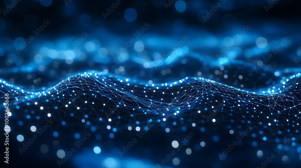 Poster abstract blue digital network with glowing nodes and connections, representing data flow, communicat