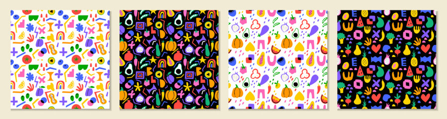 Food seamless pattern. Abstract shapes. Doodle fruit. Organic figures. Matisse nature print. Kids texture. Childish modern flat art. Fresh products. Geometric garish decoration. Vector backgrounds set