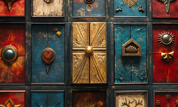Detailed texture of an Advent calendar, with each door featuring intricate designs and festive colors. . Video