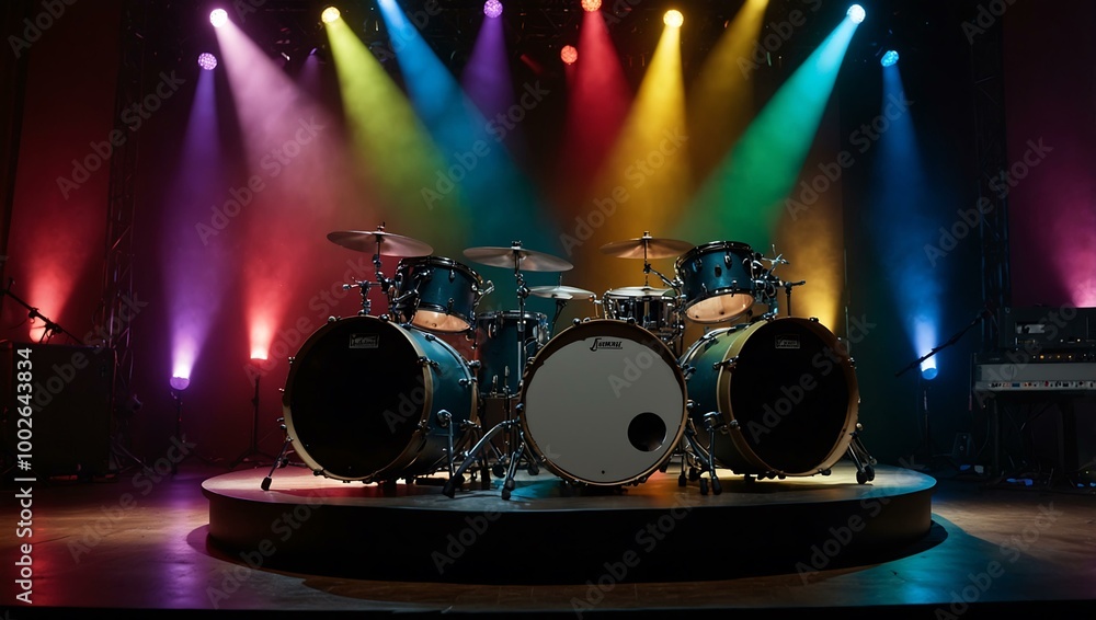 Poster stage setup with drum kit and colorful lights.