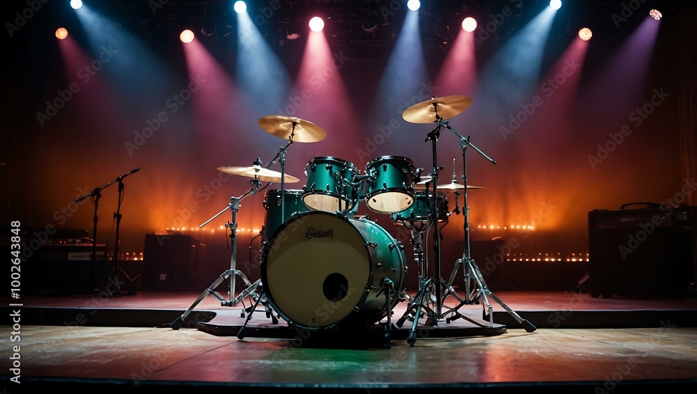 Poster stage setup with drum kit and colorful lights.