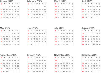 2025 Year all months calendar Single Page corporate wall calendar template, Professional style.