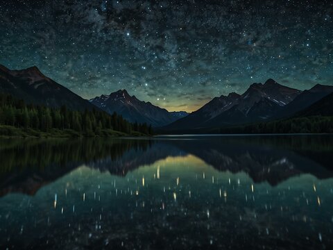 Starry night over mountains reflecting on a calm lake, serene and cosmic.