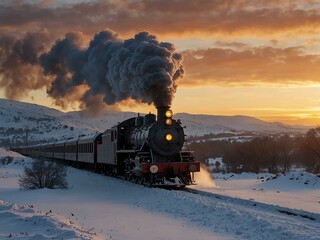 Steam train in a snowy landscape at sunset.