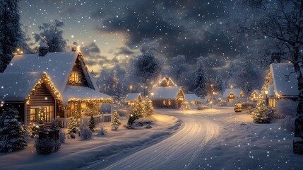 A snowy village scene with warmly lit homes, decorated for Christmas with lights, garlands, and festive cheer