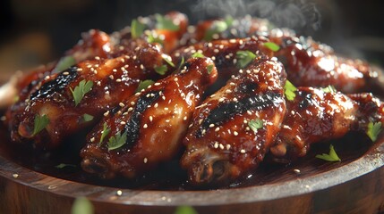 Grilled barbecue chicken wings glazed in sauce, garnished with sesame seeds and fresh cilantro, served on a wooden board..