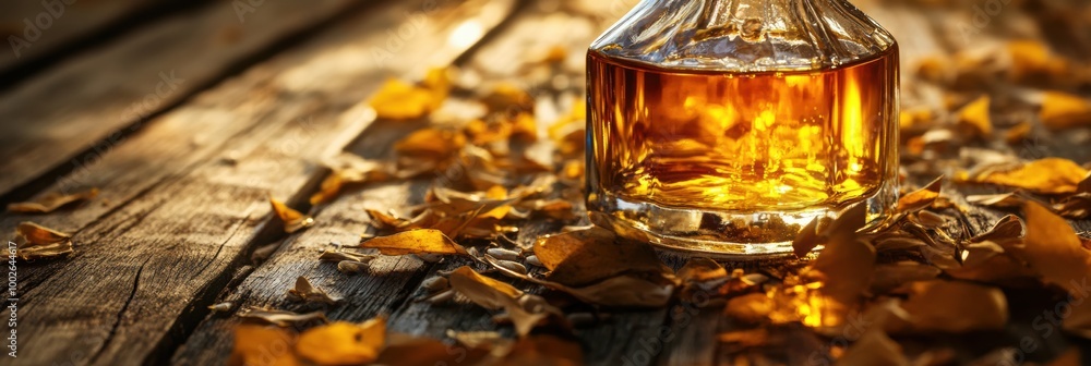 Aufkleber A close-up view of a whiskey bottle resting on a wooden surface adorned with autumn leaves illuminated by warm light. Generative AI