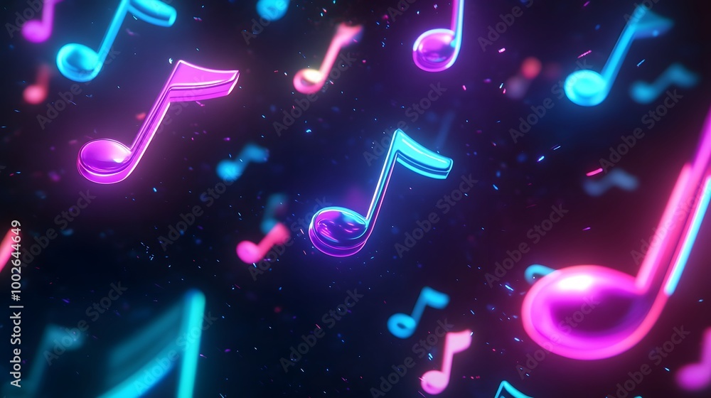 Poster vibrant neon music notes float in space, surrounded by abstract glowing particles, creating an artis