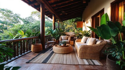 Fototapeta premium with rattan furniture, large leafy plants, and a natural wood deck, creating an exotic getaway