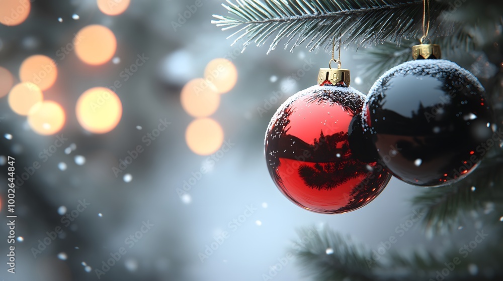Poster close-up of shiny red and black christmas ornaments hanging on a frosted tree branch with blurred fe