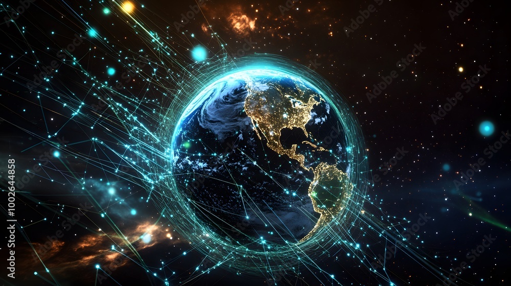 Poster a view of earth from space surrounded by glowing digital networks, symbolizing global connectivity, 