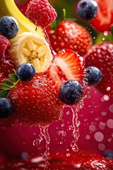 Close-Up Splash of Fresh Berries and Banana in Water