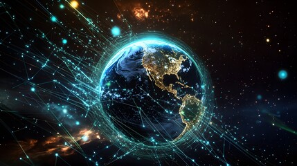 Obraz premium A view of Earth from space surrounded by glowing digital networks, symbolizing global connectivity, data flow, and advanced technology.